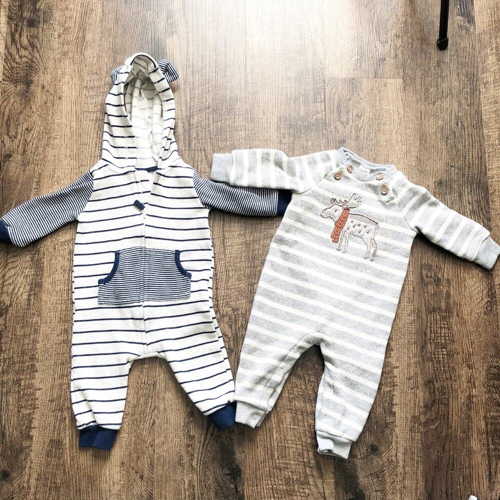 Carters Baby Boy 6M Long Sleeve Stripe Blue Gray Hooded Sleeper Outifts Lot of 2